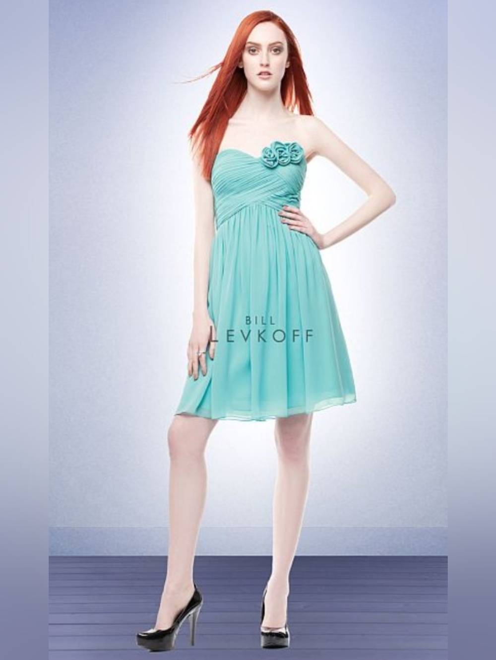 Bill Levkoff Strapless Aqua Chiffon Cocktail Dress with Rosette Prom Short Dress